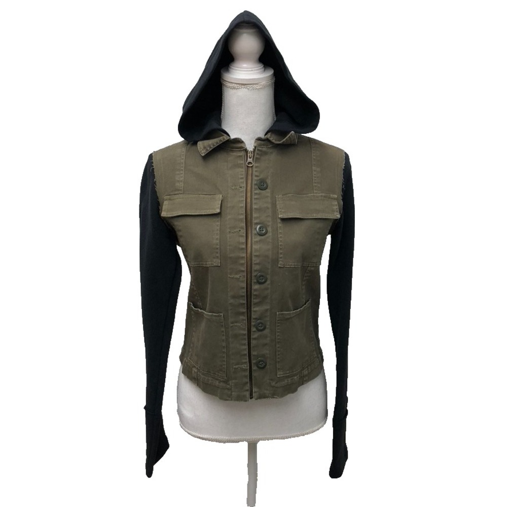 Ron Herman Military Cargo Jacket Womens Medium Green Black Sleeve Hood‎